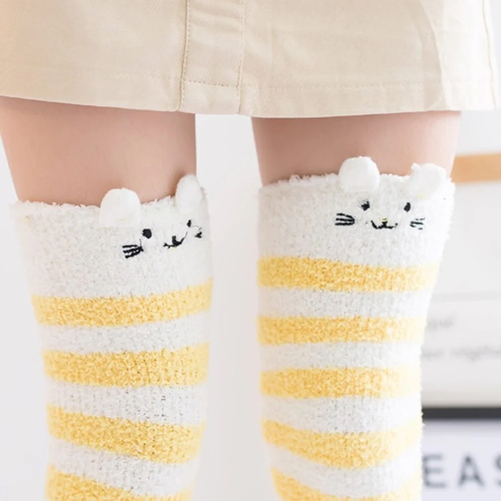 Whimsical Plush Animal Yellow Striped Kitten Fuzzy Knee Socks